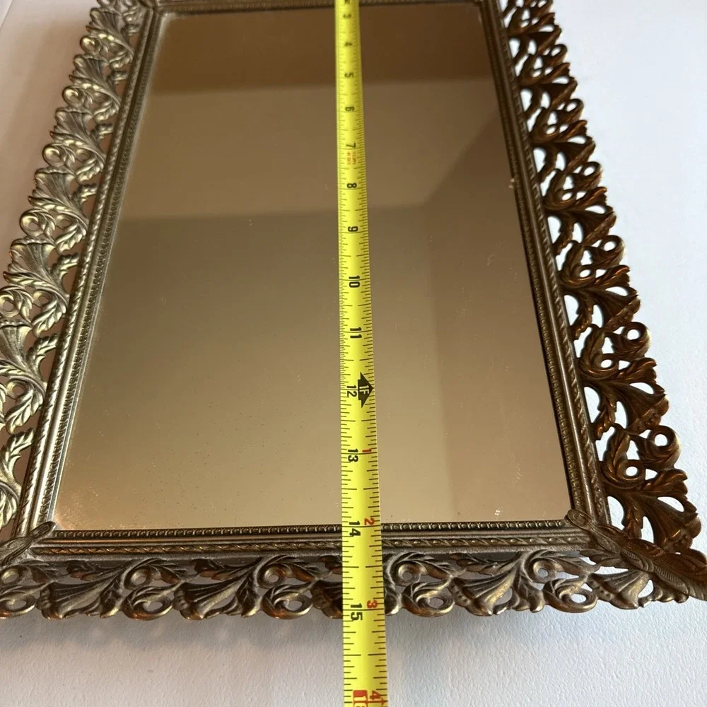 Vintage Gold Tone Filigree Hollywood Regency Vanity Mirror Tray 15x10